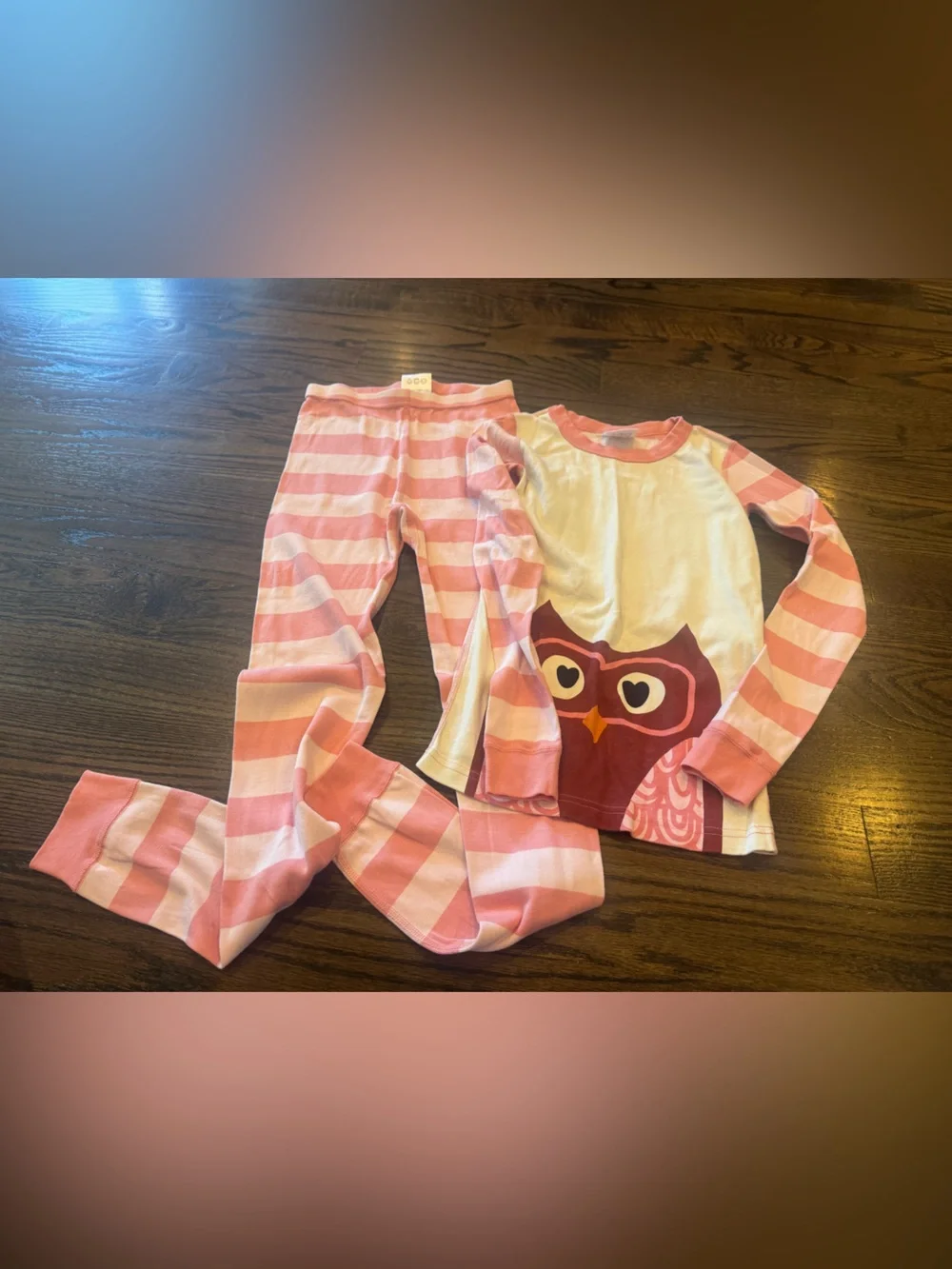 Hanna Andersson Pink and White Striped Owl Pajama Set with Maroon Owl